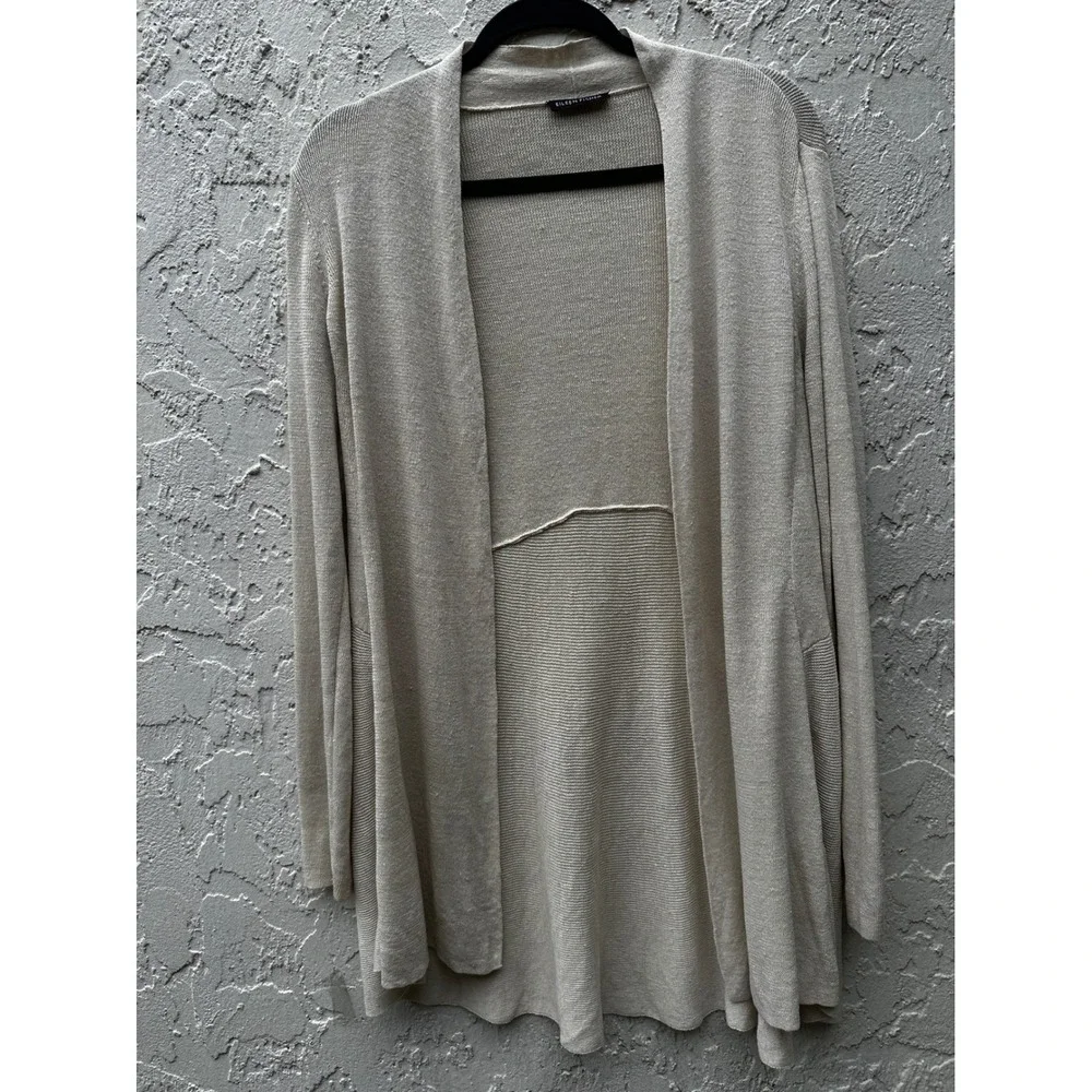 Eileen Fisher Organic Linen Blend Open Front Cardigan Oatmeal Beige Large